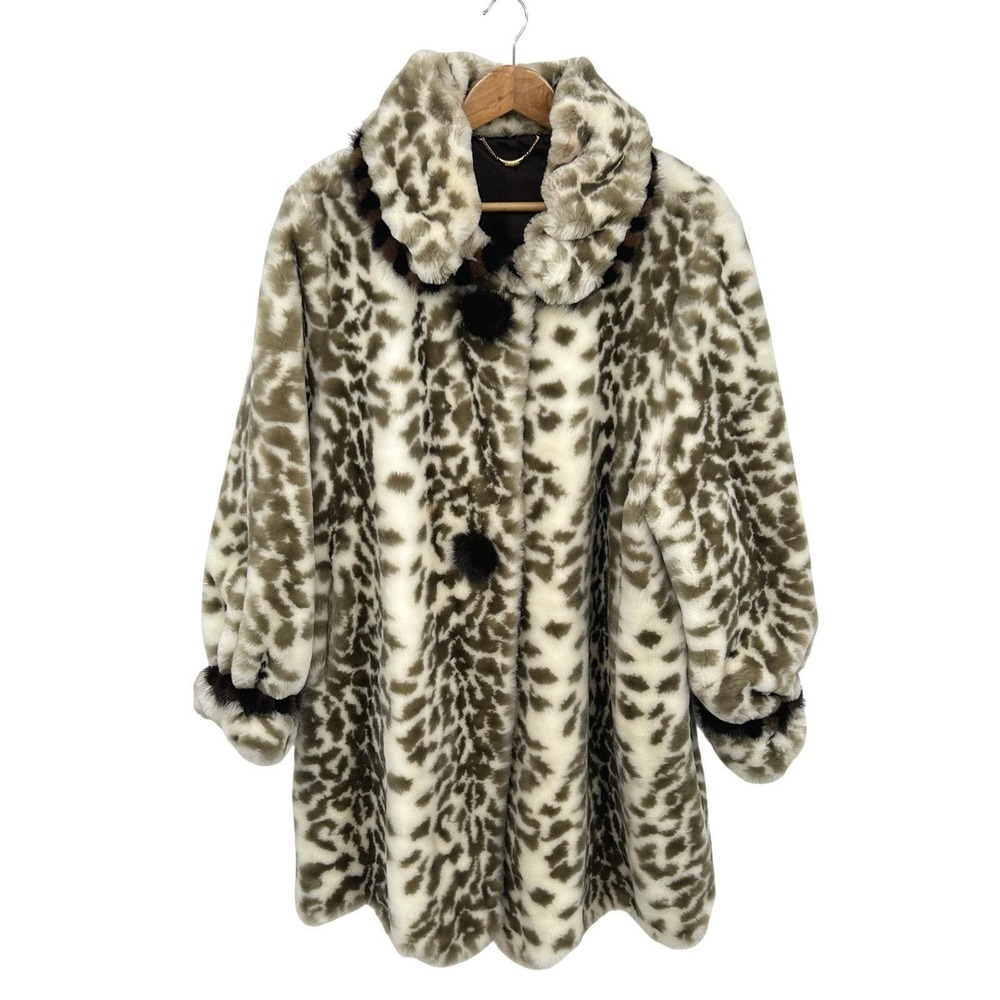 Mob Wife Faux Fur Leopard Coat XL Cream Heavy Glam Statement Vintage Old Money